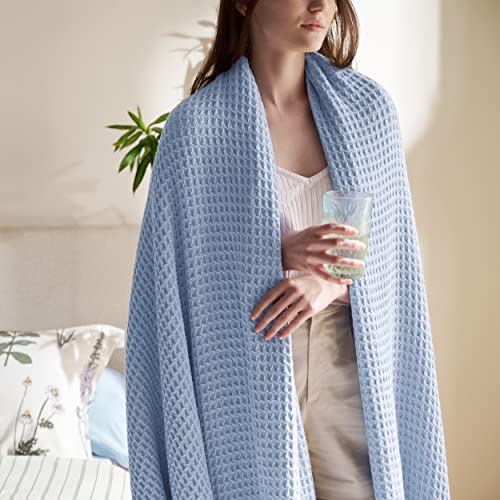 Bedsure 100% Cotton Twin XL Blanket, Waffle Weave, Light Blue, 66"x90" - color: 09 Light Blue, size: Twin XL (66" X 90")