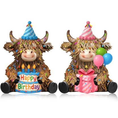 2 Pcs Resin Highland Cow Figurine Decor, Happy Birthday Theme - style: Happy Birthday