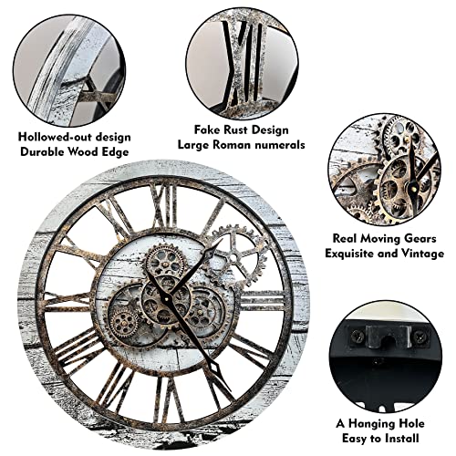 The B-Style Large Wall Clock 24 inch Gray and White - color: Gray White and Bronze Gears, size: 24 inch (60 cm)