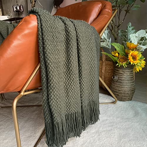 LOMAO Knitted Throw Blanket with Tassels Bubble Textured Lightweight Throws for Couch Cover Home Decor (Dark Olive, 50x60) - color: Dark Olive, size: 50x60"