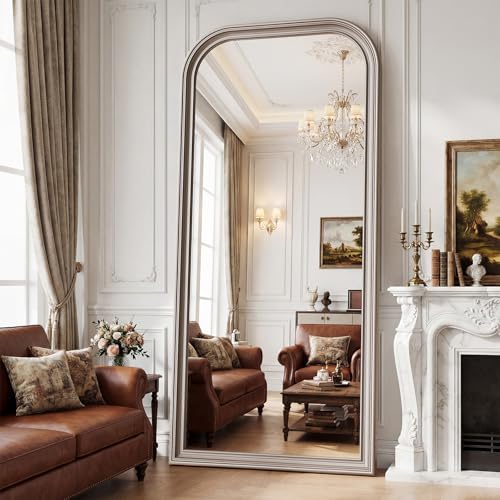 71"x32" Full Length Mirror with Stand, Arched PU Frame - color: Antique Silver