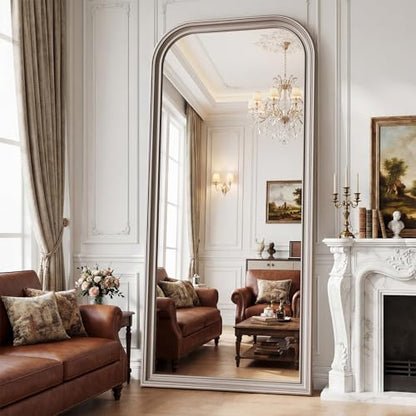 71"x32" Full Length Mirror with Stand, Arched PU Frame - color: Antique Silver