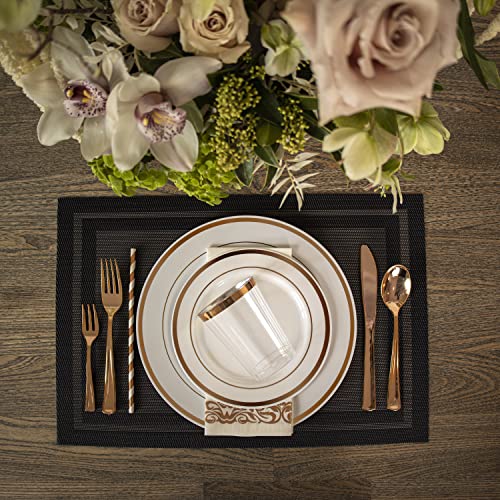 Neatiffy 225 Pcs Rose Gold Rim Plastic Dinnerware Set (25 Guests) | 25 x (Dinner Plate, Dessert Plate, Plastic Silverware, Cup, Napkin, Straw) | For Wedding, Luxurious Party, Special Event - color: Rose Gold