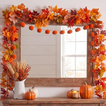 Yinder 2 Pack 6.56 ft Fall Mantle Decor Garland Pumpkins Velvet with 5.8 ft Artificial Maple Leaf Hanging Vine for Fireplace Mantle Wall Autumn Harvest Farmhouse Thanksgiving Home Wedding Decor