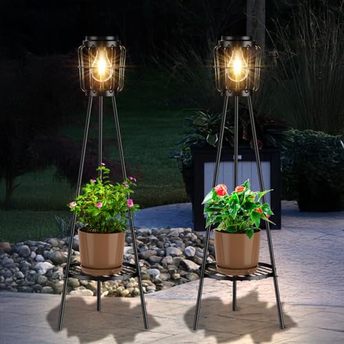 MXwcy 2 Pack Solar Lights Outdoor with Plant Stands, Solar Floor Lamp with LED Edison Bulbs for Garden Yard Pathway Driveway Front/Back Porch Decoration - color: A- 2Pack Black - Edison bulbs, size: Medium