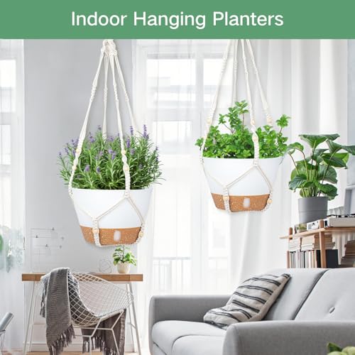 QCQHDU 2 Pack Hanging Planters for Indoor Outdoor Plants, 10 Inch Hanging Baskets Flower Pots with Reservoir Tray & Visible Water-Level (Macrame Hanger) - color: White, size: 10 inch with Macrame Hanger