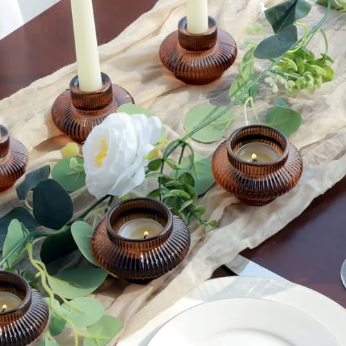 VOHO 6pcs Brown Candlestick Holders, Fall Amber Candle Sticks Holder Decor - color: Brown