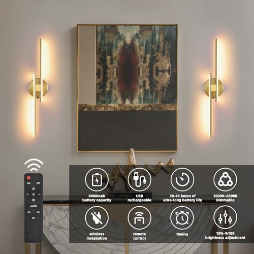 Battery Operated Wall Sconce Set of 2,Gold 23.6" 3000K-6500K LED Dimmable Wall Sconces with Remote Control,Wireless Wall Light USB Rechargeable for Bedroom Hallway Living Room Background Wall Lighting - color: Gold, size: 23.6" 2-Pack