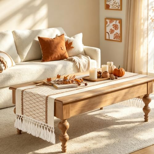 yuboo Fall Boho 72 Inches Table Runner, Modern Farmhouse Dresser Cover Top - color: Beige&cream, size: 72 inch