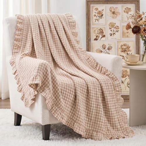 100% Cotton Taupe Gingham Muslin Throw Blanket 6 Layers Ruffled - color: Taupe