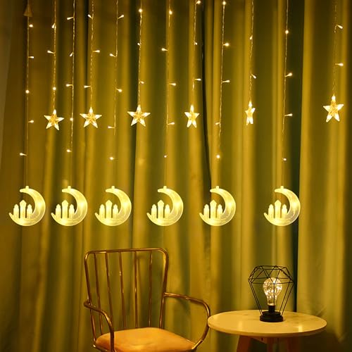 Dazzle Bright Moon Star and Fairy Tale Castle String Lights, 138 LED Muslim Curtain Fairy String Lights, 8 Lighting Modes for Home Holiday Ramadan Christmas Wedding Party Xmas Eid Decorations(USB) - size: Castle