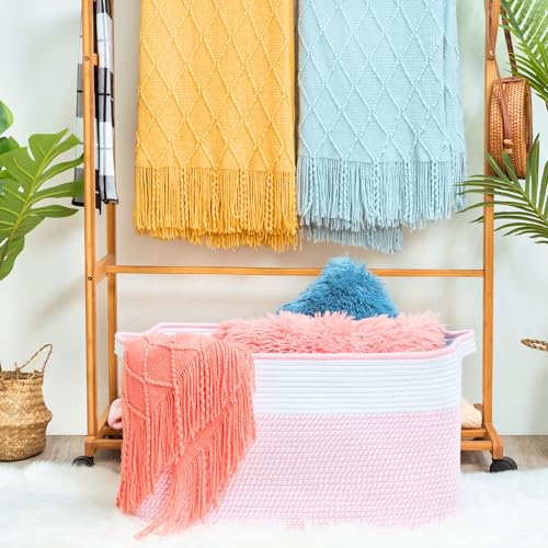 MINTWOOD Design 22in Extra Large Blanket Basket Holder Living Room, Rectangle Rope Woven Storage Basket with Handles for Laundry, Pool Towels, and Shoes, Dog Toy Organizer Bin Box, Light Pink - color: Light Pink