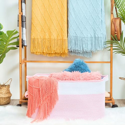 MINTWOOD Design 22in Extra Large Blanket Basket Holder Living Room, Rectangle Rope Woven Storage Basket with Handles for Laundry, Pool Towels, and Shoes, Dog Toy Organizer Bin Box, Light Pink - color: Light Pink