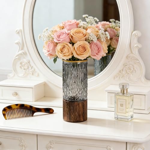 Artistic Wood Glass Vase,Wooden Base,Tall Vases Bottles for Flowers, Entryway, Dining Table, Shelf, Living Room, and Modern Home Decor (Casual) - style: Casual