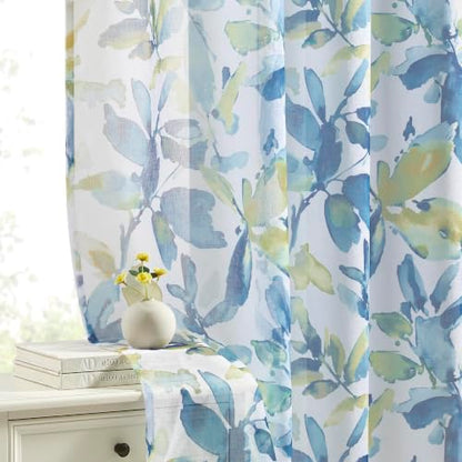 Farmhouse Sheer Curtains 72 Inch Length for Living Room 2 Panels - color: Leaf | Blue, size: 50"W x 72"L (Pack of 2)