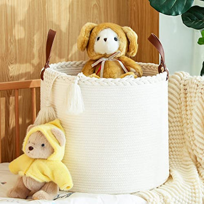 KAKAMAY Large Blanket Basket (18"x16"),Woven Baby Laundry Hamper,Cotton Rope Blanket Basket for Nursery, Laundry, Living Room, Pillows, Baby Toy chest with Leather Handles (White) - color: White