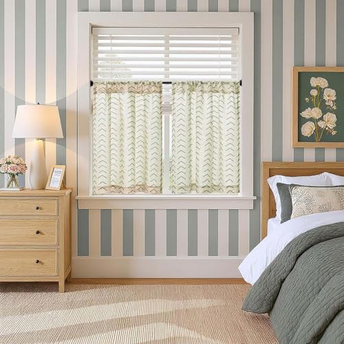 jinchan Green Boho Linen Kitchen Tier Curtains 24 Inch Rod Pocket 2 Panels - color: Arrow | Green on Linen, size: 26"W x 24"L (Pack of 2)