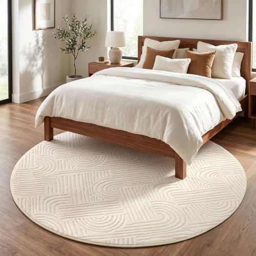 Etwel 5.2 ft Beige Geometric Textured High-Low Pile Washable Round Rug - color: Neutral Beige, size: 5'2"
