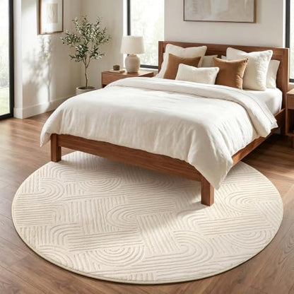 Etwel 5.2 ft Beige Geometric Textured High-Low Pile Washable Round Rug - color: Neutral Beige, size: 5'2"