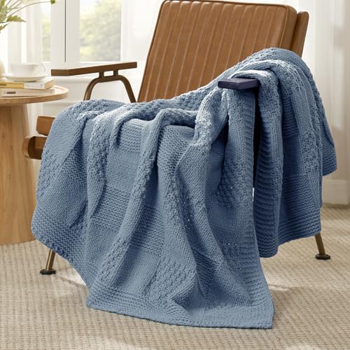 Amélie Home Checkered Knit Throw Blanket for Couch, Washed Blue, 50"x60" - color: Checkered Washed Blue, size: Checkered Knit 50"x60"