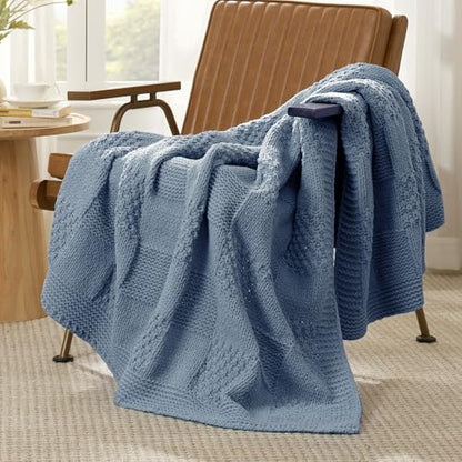 Amélie Home Checkered Knit Throw Blanket for Couch, Washed Blue, 50"x60" - color: Checkered Washed Blue, size: Checkered Knit 50"x60"