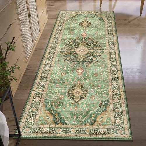 Green Rug 2x5 Runner Rugs Boho Small Washable Area Rugs for Entryway Bathroom Kitchen, Small Rugs Soft Low Pile Non-Slip Rubber Backing Oriental Door Mat - color: Border Green, size: 2'x5'