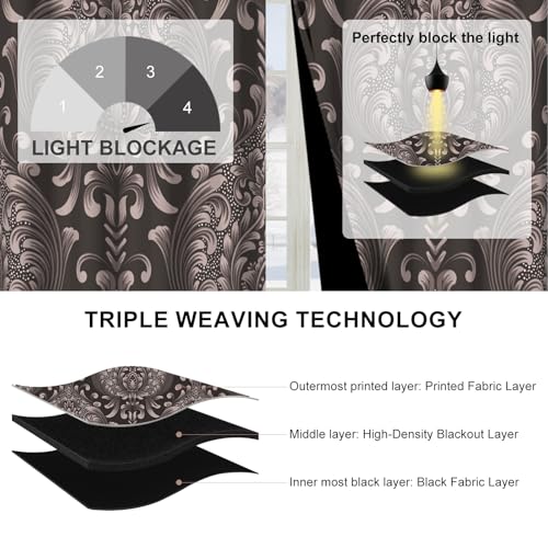 Blackout Curtains 84 Inch Length 2 Panels Set with Tiebacks, Brown Floral Grommet Black Out Curtain for Living Room, Summer Thermal Insulated Soundproof Pattern Darkening Curtains for Girls Bedroom - color: Regal Damask