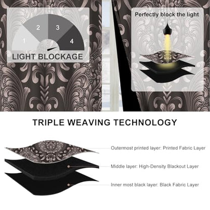 Blackout Curtains 84 Inch Length 2 Panels Set with Tiebacks, Brown Floral Grommet Black Out Curtain for Living Room, Summer Thermal Insulated Soundproof Pattern Darkening Curtains for Girls Bedroom - color: Regal Damask