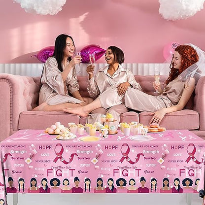 Breast Cancer Table Cloth,3 Pcs Pink Ribbon Awareness Plastic Tablecloths Hope Courage Brave Table Cover for Women Girls Breast Cancer Party Supplies - color: Breast Cancer