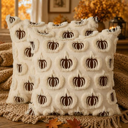 DFXSZ Fall Pillow Covers 18x18 Set of 2 Brown Pumpkins Embroidery Beige - color: Beige Brown Pumpkin, size: 18" x 18" (Pack of 2)