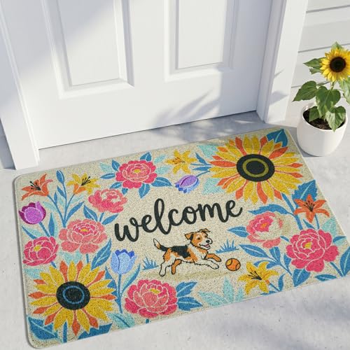 Sunflower Welcome Door Mat 24x36 Inch - color: Sunflower Dog