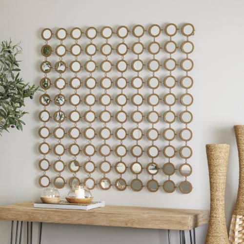 Deco 79 Metal Geometric Room Wall Mirror Entryway Mirror with Grid Pattern, Wall Mounted Mirror 40" x 2" x 40", Gold, 39 by 39"