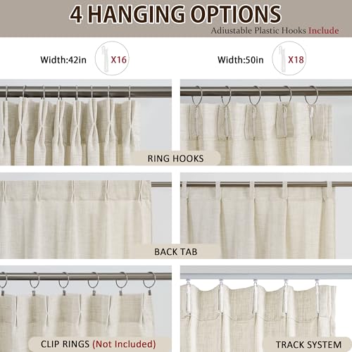 105 Inch Curtains Drapes Pinch Pleated Memory Trained Back Tab Light Filtering Semi Sheer Linen Textured Curtain for Bedroom Living Room with Hooks Window Panels 105 Inches Long 50 Inch Wide - color: Natural, size: 50"W x 105"L (Pack of 2)