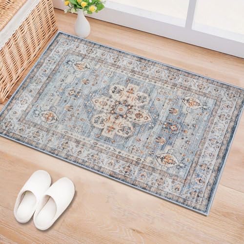 Washable Hallway Runner Rug 2x3: Living Room Rug Farmhouse Distressed Mat - color: Blue, size: 2' x 3' (Rectangular)