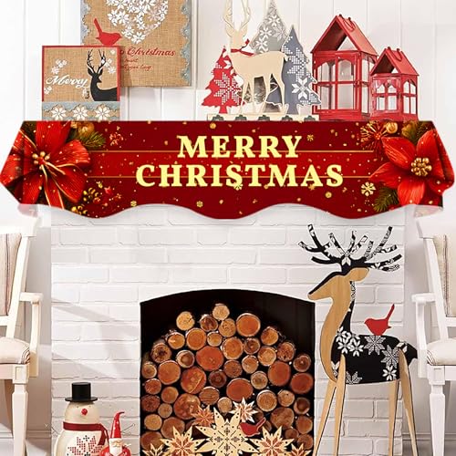 NYZE Christmas Mantel Scarf 60 x 17 Inch Fireplace Mantel Scarf Cover Decoration for Christmas Fireplace Scarf Shelf Top Runner Holiday Winter Home Decor - size: 60 x 17 in, style: Merry Xmas