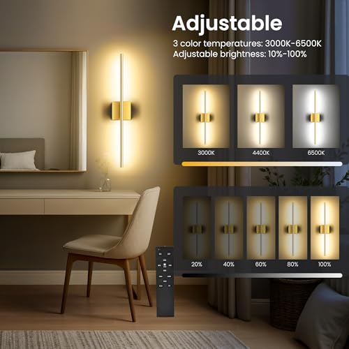 10000mAh Battery Operated Wall Sconces Set of 2, Gold-29Inch - color: Gold