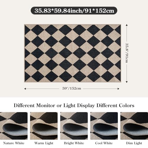 Lahome Checkered Easy Jute 3x5 Entryway Front Porch Rug, Black Diamond Indoor Outdoor Patio Layering Rug, Washable Farmhouse Neutral Non Slip Non Shedding Door Carpet for Backyard Blacony - color: Black/Checkerboard -2, size: 3' x 5' (Rectangular)