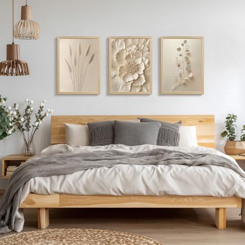 Hianan Wood Framed Neutral Beige Botanical Wall Art Set of 3, 12x16 in - color: Beige(Wood), size: 16"L x 12"W