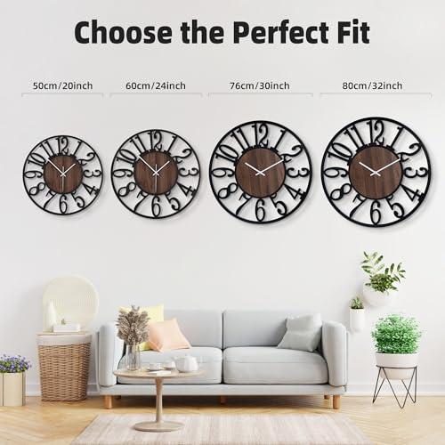 20" Silent Wall Clock – Adjustable Night Light, Battery Operated - color: Black Walnut - Arabic Numerals, size: 20 inch(50 cm)