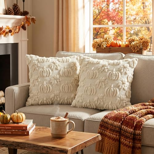 AVOIN colorlife Beige Pumpkin Fall Throw Pillow Covers 20x20 Inch - color: Beige Maple, size: 20" x 20" (Pack of 2)