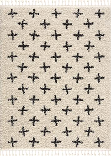 Hauteloom Geomara Living Room, Bedroom Area Rug - Cross Geometric Abstract - Bohemian Moroccan Boho Modern Farmhouse - Plush Pile - Charcoal, Beige, Cream, Black, Ivory - 5'3" x 7'3" - color: Charcoal, Beige / Alstead, size: 5'3" x 7'3" (Rectangular)