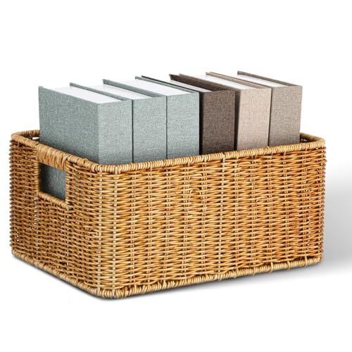 Hemobllo Imitation Woven Rattan Basket Desktop Storage Bin with Handles Large Capacity Shelf Organizer for Organizing Toys Pantry Sundries 13.38''