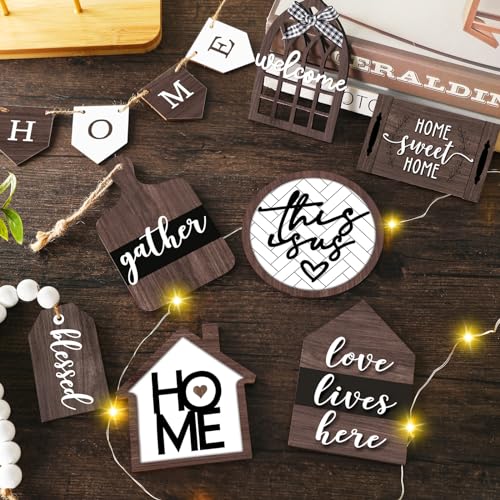 FairySandy 11 Pcs Home Tiered Tray Decor This is us Rustic Wooden Signs - style: Brown Style