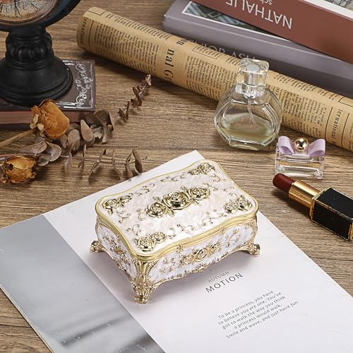 Hipiwe Metal Jewelry Box with Rose Pattern - Vintage Gold Trinket Organizer - color: Beige, size: Small