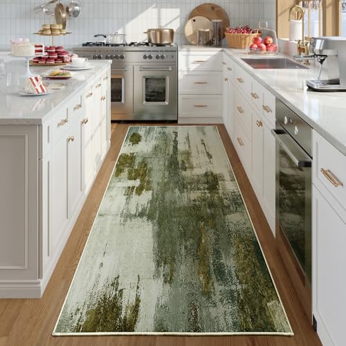 Kelarea Washable Runner Rug 2.6x8, Non-Slip Low Pile Abstract Green - color: Green, size: 2'6" x 8' (Rectangular)