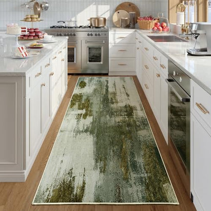 Kelarea Washable Runner Rug 2.6x8, Non-Slip Low Pile Abstract Green - color: Green, size: 2'6" x 8' (Rectangular)