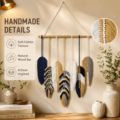 Betylifoy Macrame Wall Hanging Tapestry Boho Leaf Feather Wall Decor - color: Blue Yellow