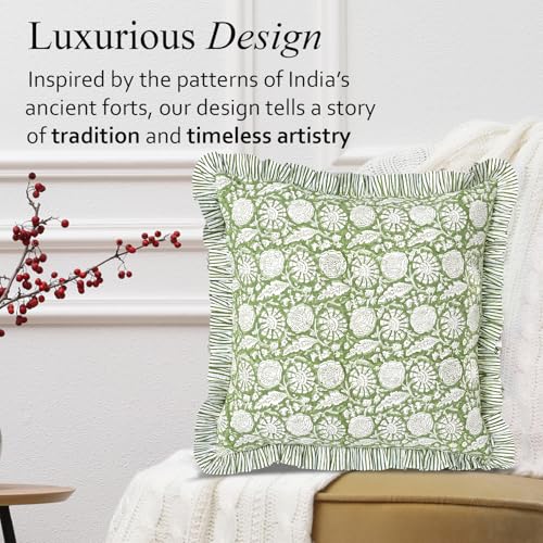 CPC Olive Bloom Block Print Ruffle Pillow Cover 18x18 Inch, Pack of 2 - color: Olive Bloom, size: 18" x 18" (Pack of 2)