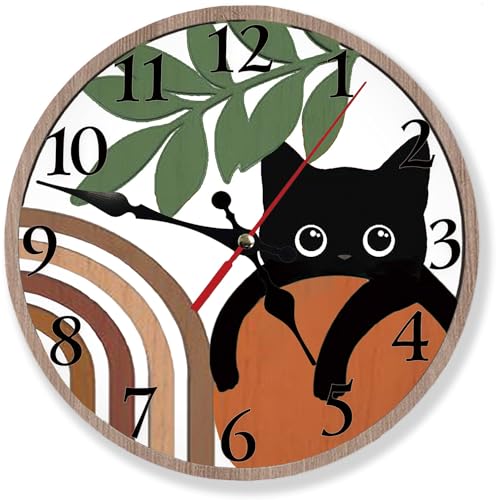 Cute Black Cat Boho Art Silent Non Ticking Wall Clock 12 Inch, Battery Operated, Round Wood Wall Clocks, Decorative for Living Room, Kitchen, Bedroom, Bathroom, Dining Room Office or Gifts - color: Cute Black Cat Boho Art