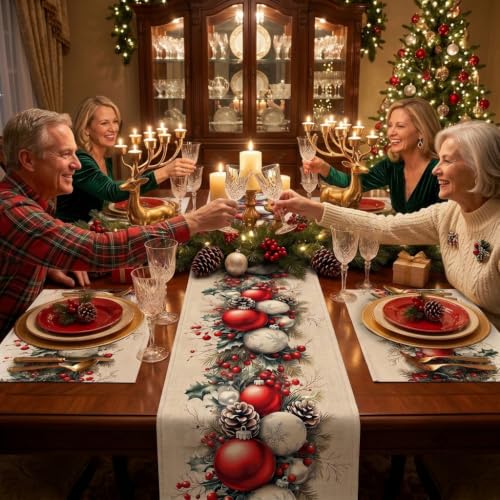 Christmas Table Runner 13 x 72 Inch, Holiday Table Decor with Christmas Ball & Pinecone Design - color: Christmas-001